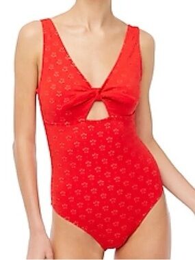 New J.Crew Factory Red Eyelet Cutout One-Piece Swimsuit with Bow Sz L